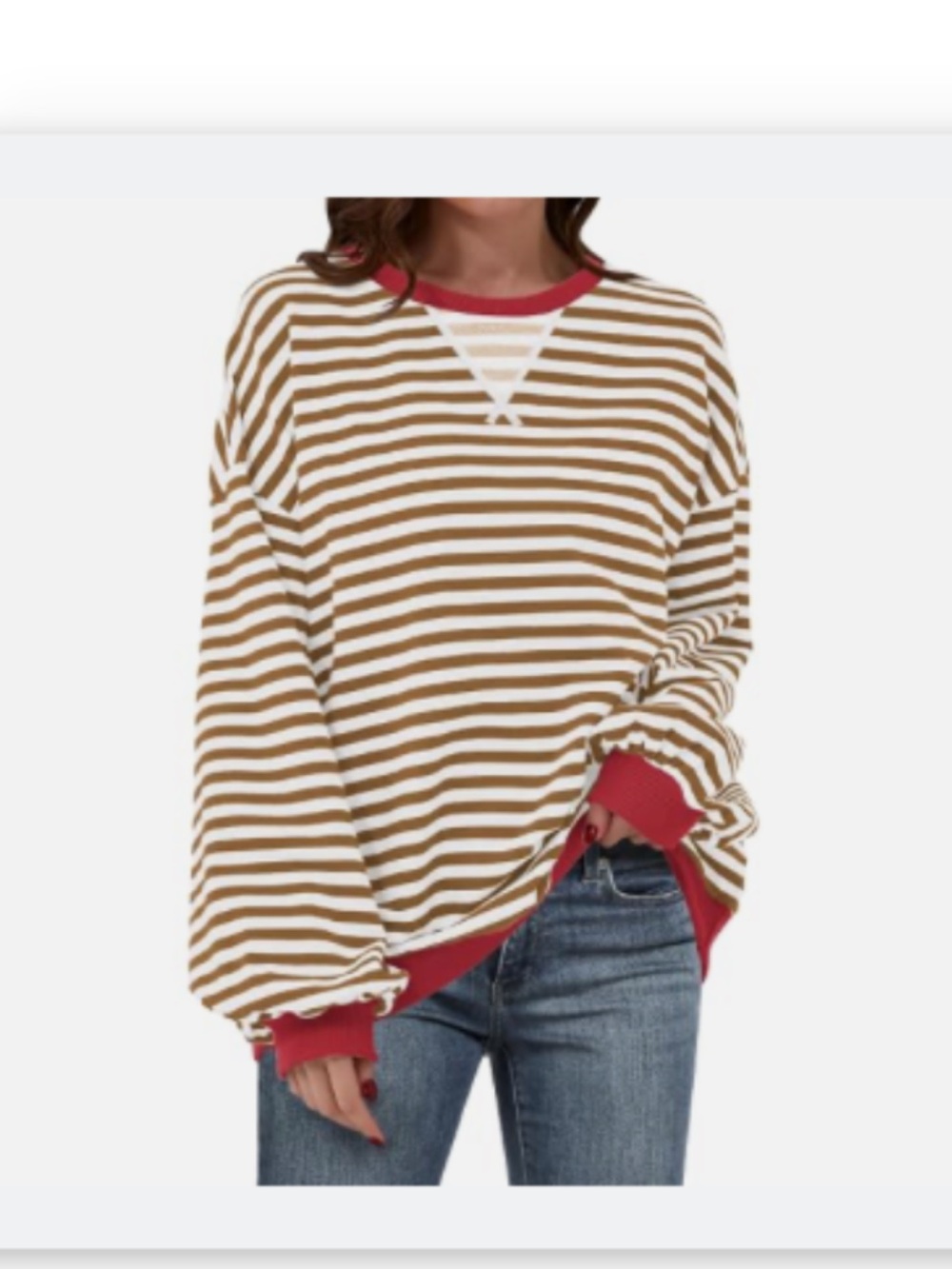 Women's Brown & White Striped Long Sleeve Top with Red Trim